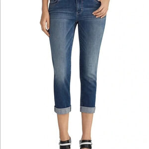 WHBM slim crop mid rise skinny  size 4 jeans distressed raw hem medium wash
